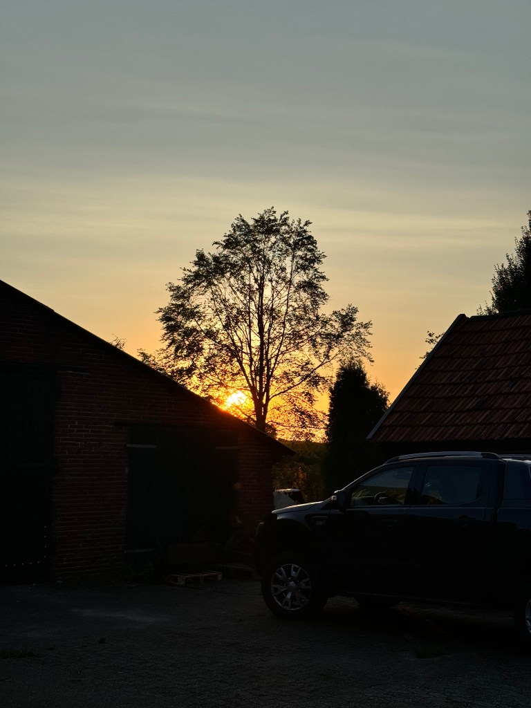 Sonnenuntergang - zwischen den Hofgebäuden hindurch fotografiert. 